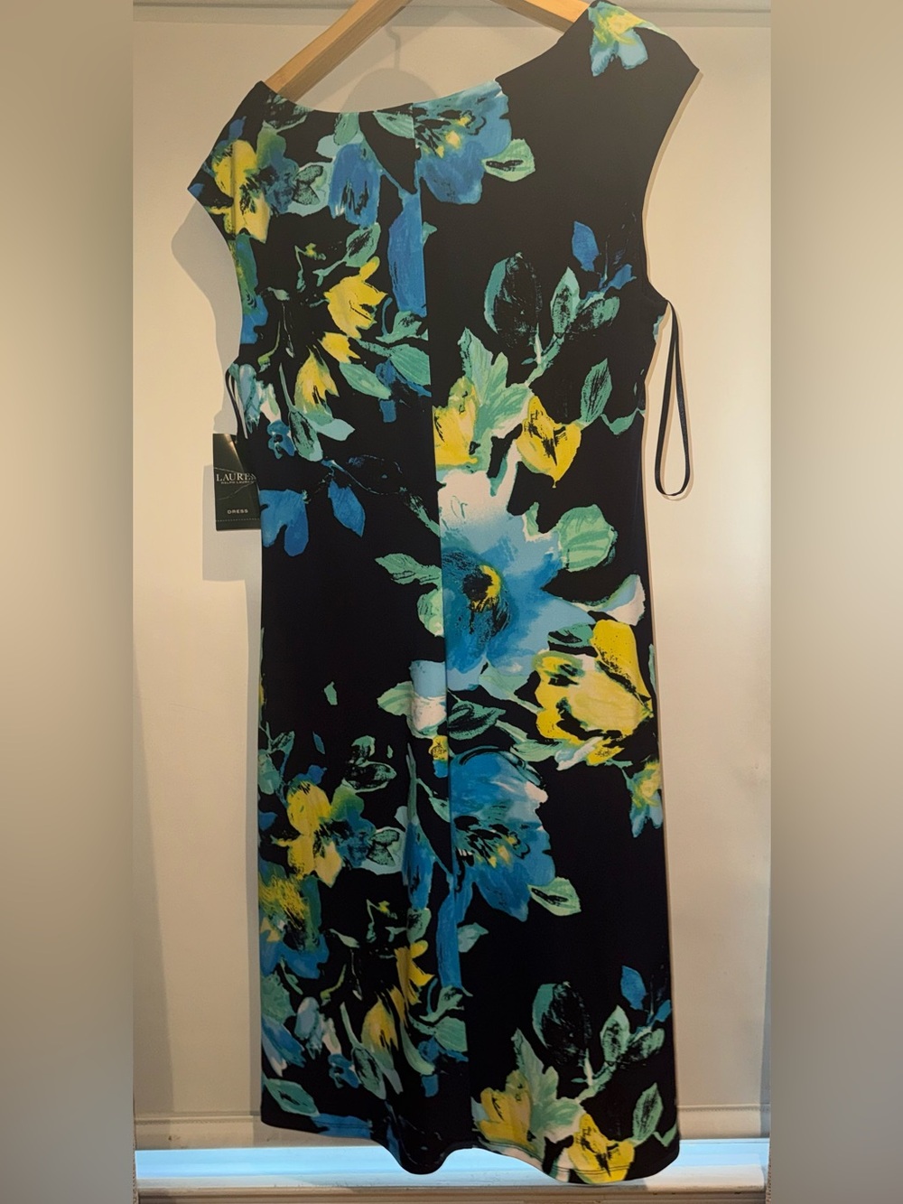 Lauren Ralph Lauren Black Floral Midi Dress with Blue & Yellow Blooms